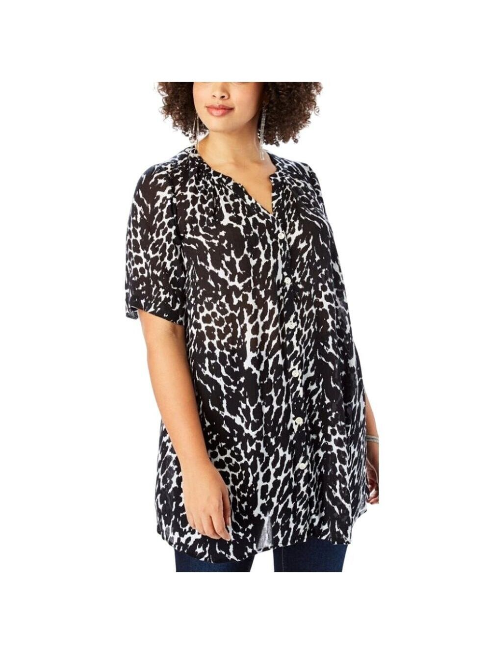 Roaman's Angelina Tunic Notch V-Neck Short Sleeve Blouse Black/White 18W